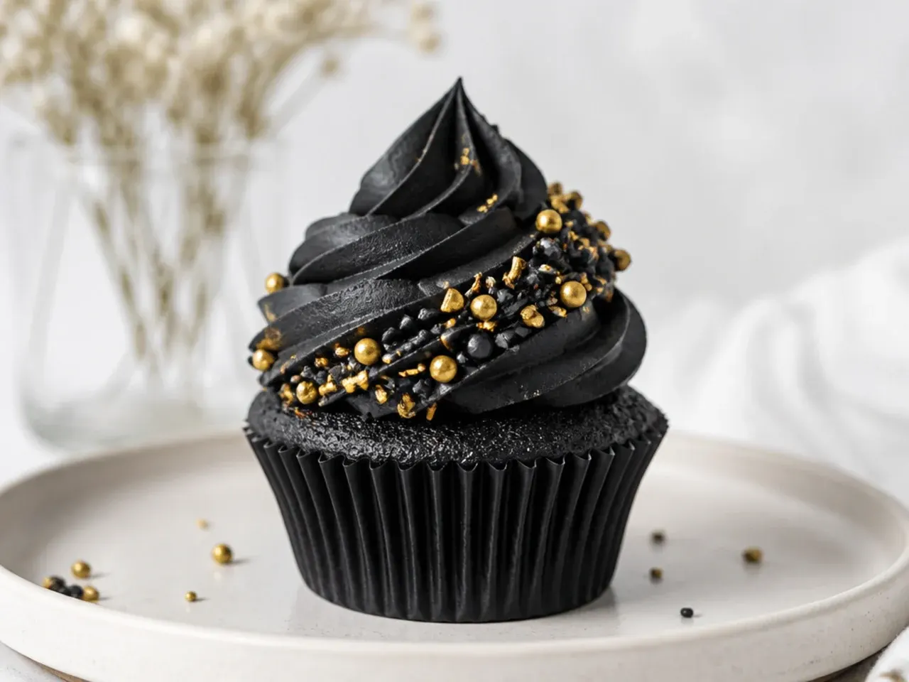 Modern black cupcakes with geometric fault-line sprinkle band design
