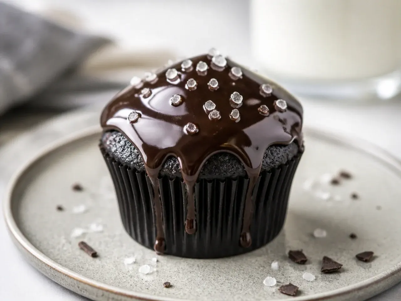 Rustic black cupcakes with dark chocolate ganache drip and sea salt