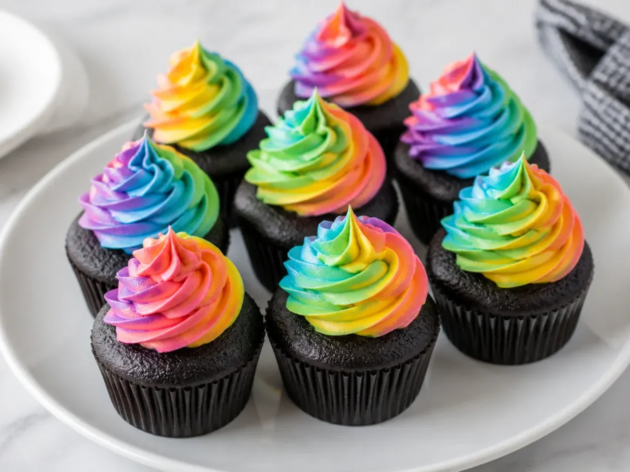 Colorful rainbow buttercream swirls piped on black cupcakes