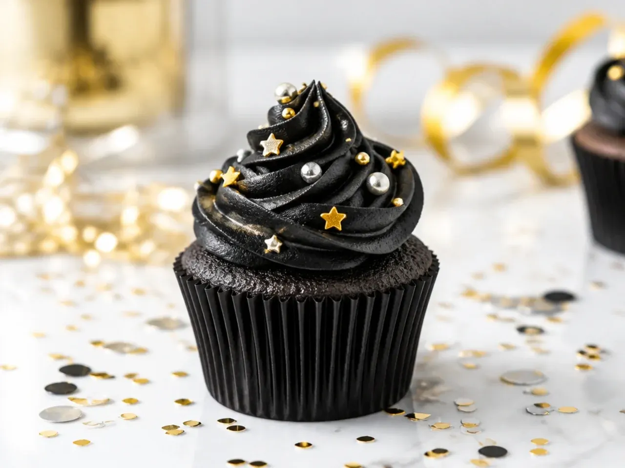 Festive black cupcakes with gold and silver confetti for New Year celebration