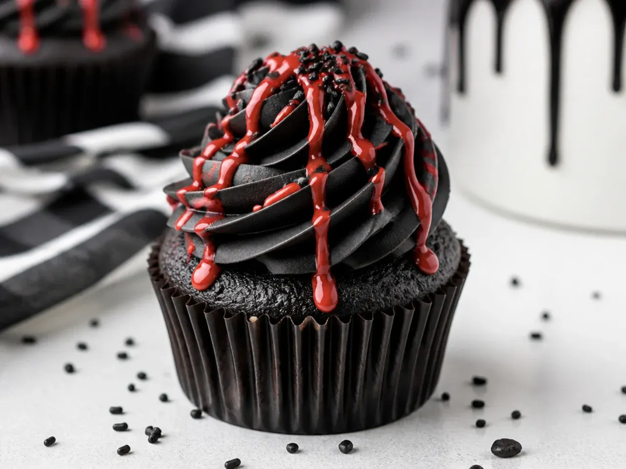 Bold black cupcakes with dramatic red chocolate drip design