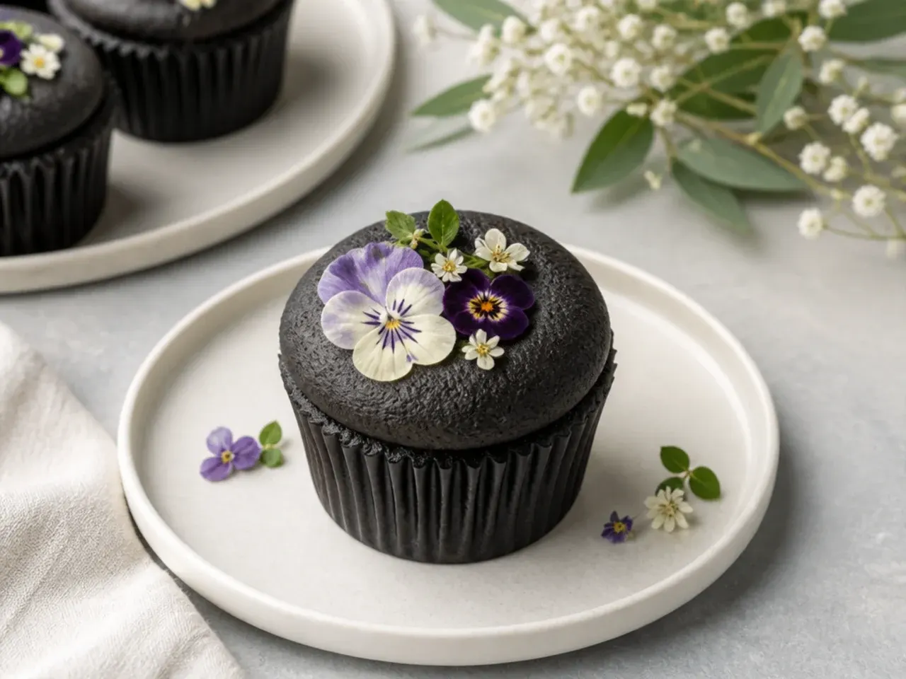 Delicate black cupcakes topped with pressed edible flowers