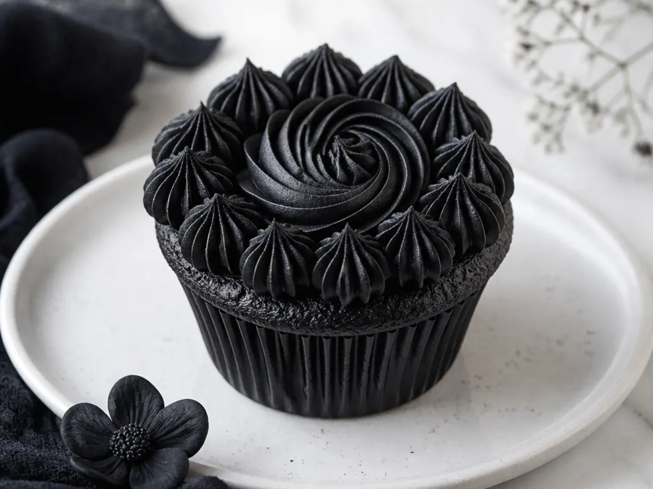 Vintage black cupcakes with piped shell border and center rosette