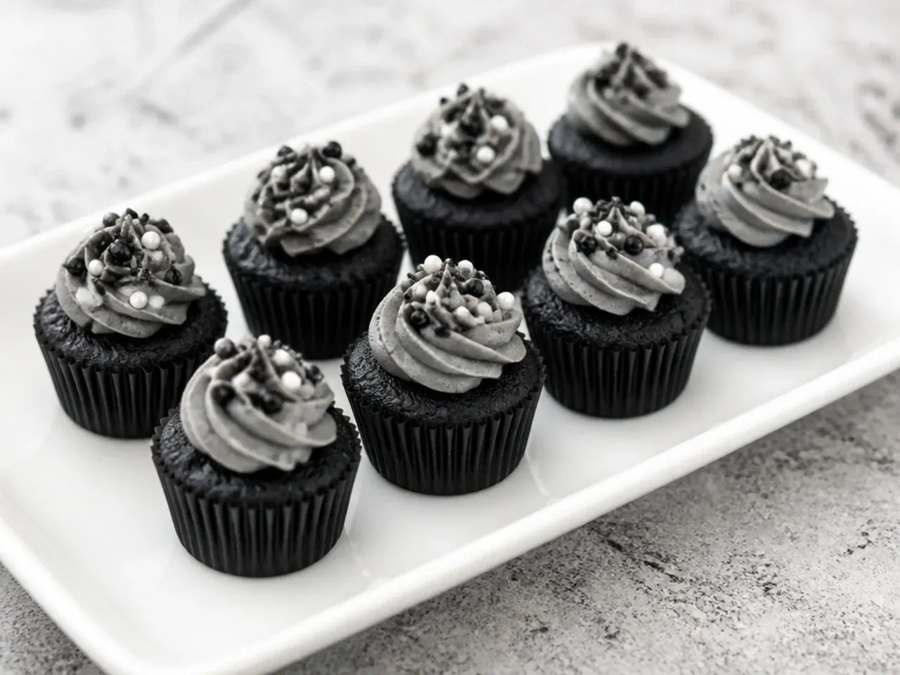 Charming mini black cupcake bites with small buttercream swirls