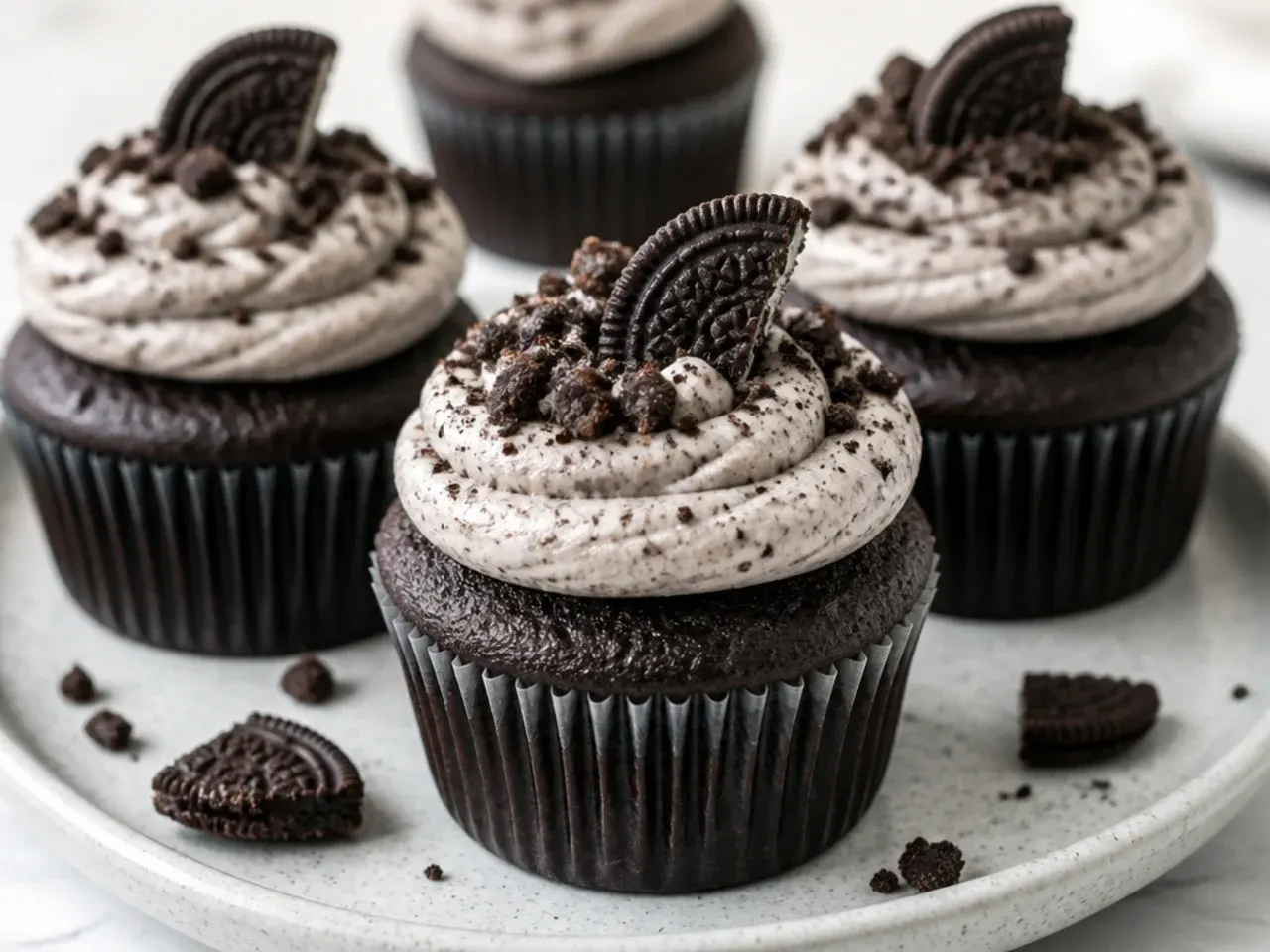 Classic cookies and cream black cupcakes with crushed cookie buttercream