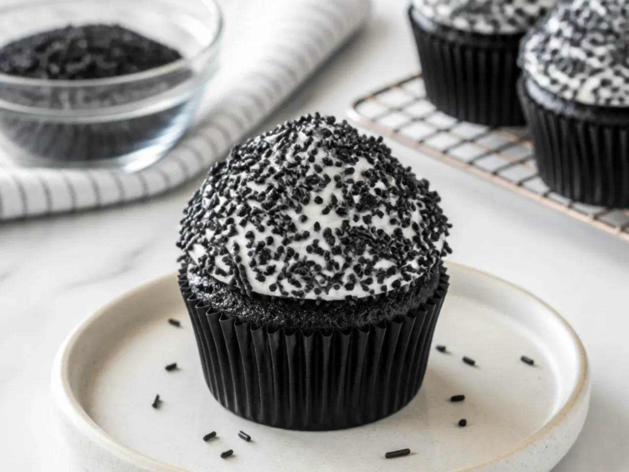 Easy black cupcakes frosted by dunking into buttercream and sprinkles