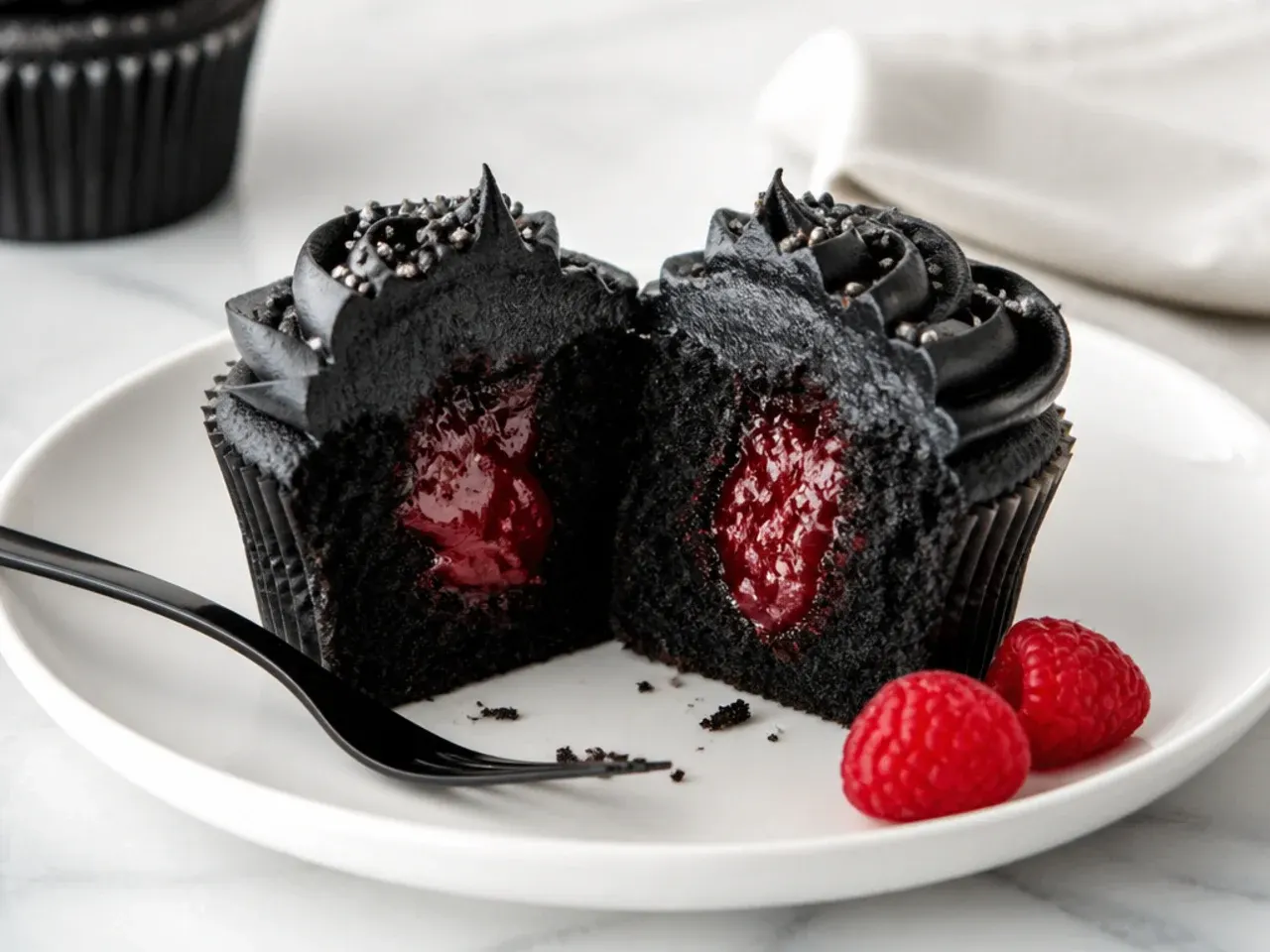 Elegant black cupcakes cut open to show raspberry filling center
