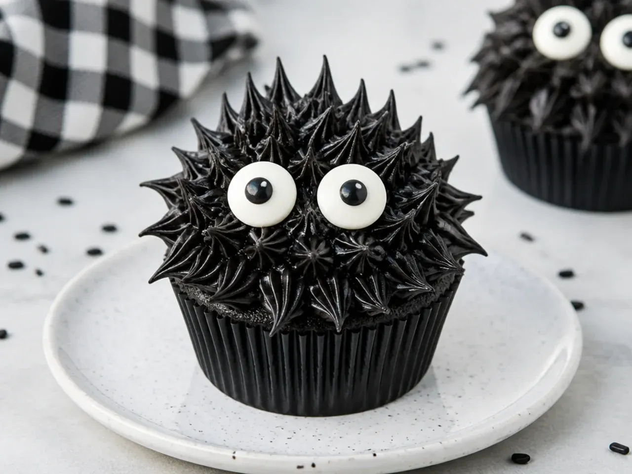 Playful black monster cupcakes with candy googly eyes and spiky frosting