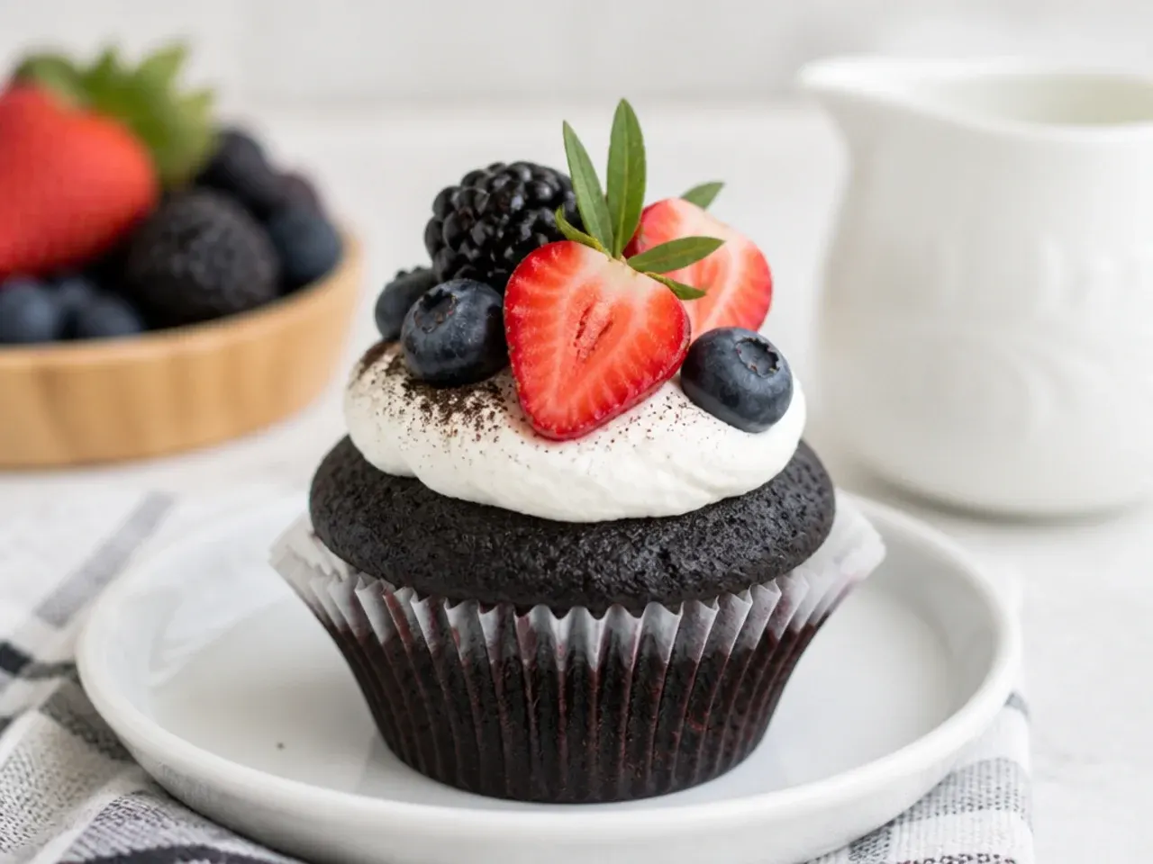 Rustic naked black cupcakes topped with fresh berries and cream