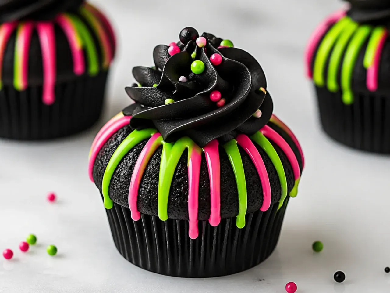 Colorful neon drip black cupcakes in bright green and pink