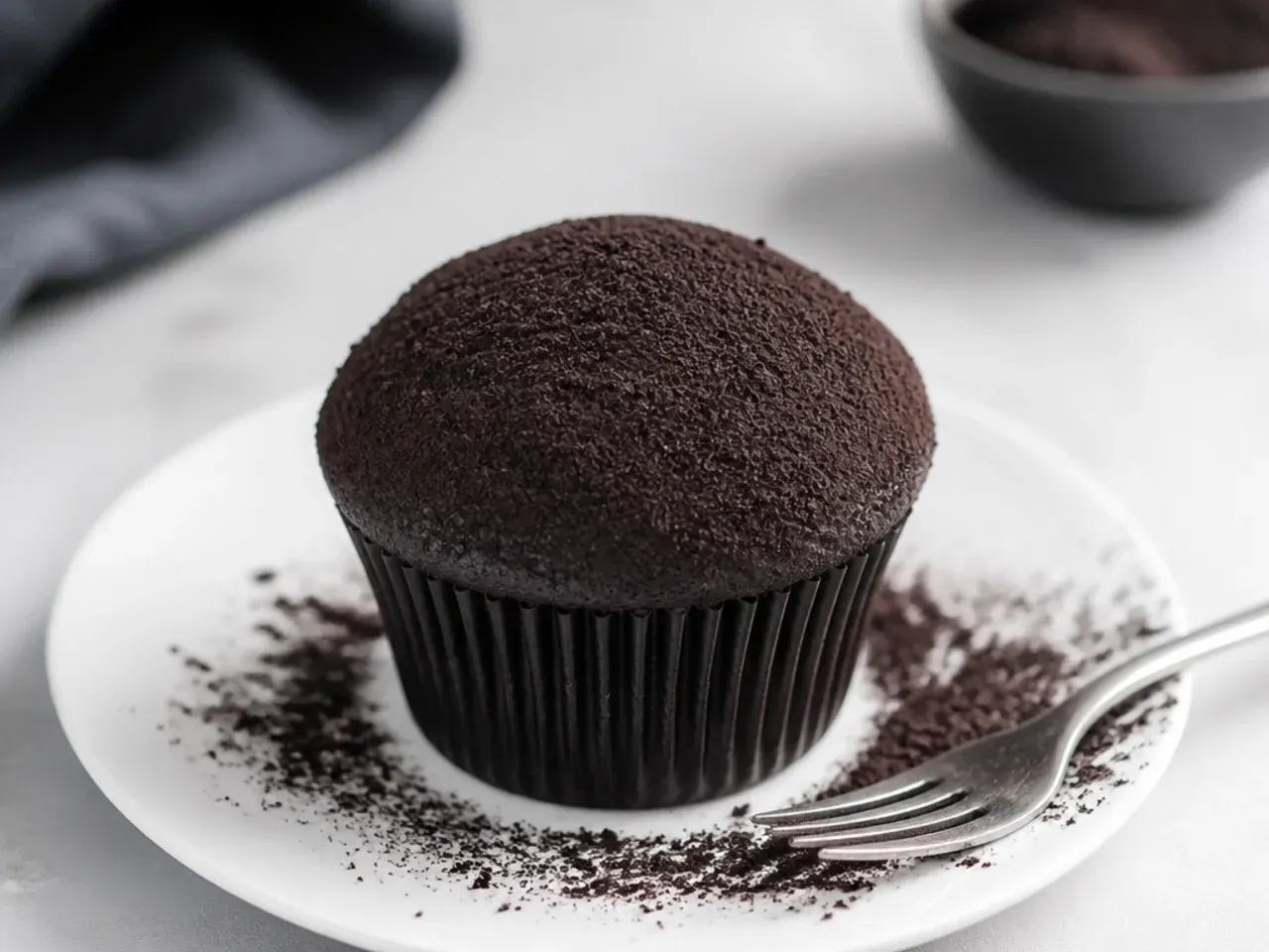 Minimal black cupcakes dusted with black cocoa powder like truffles