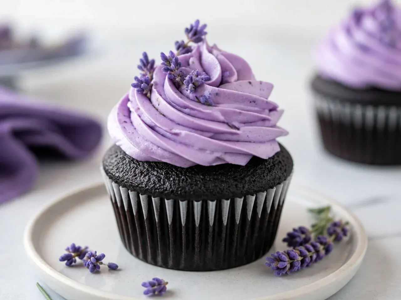 Delicate black cupcakes topped with pale lavender buttercream swirls