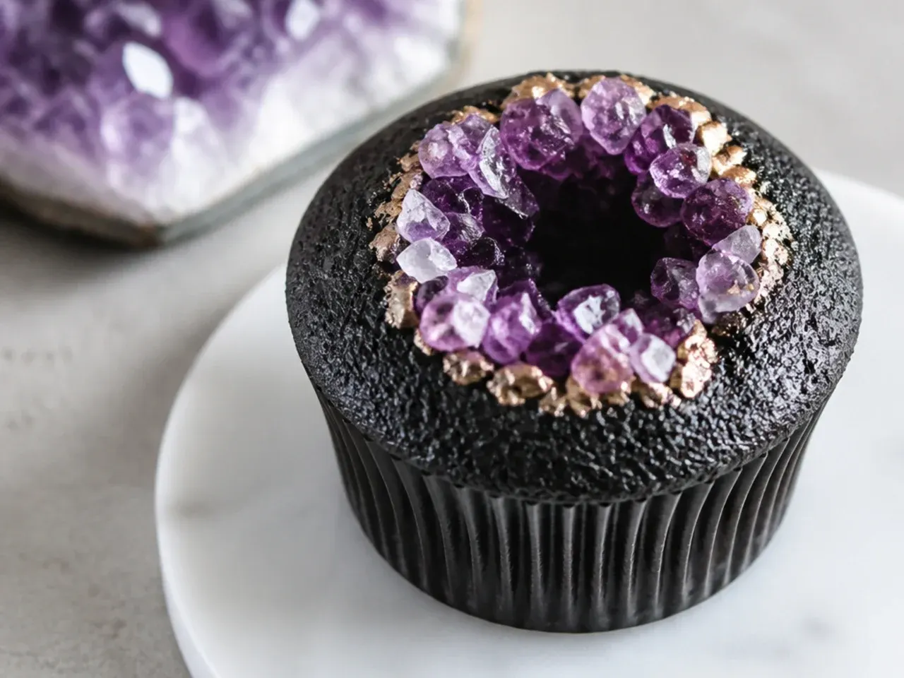 Creative geode black cupcakes with purple rock candy crystal centers