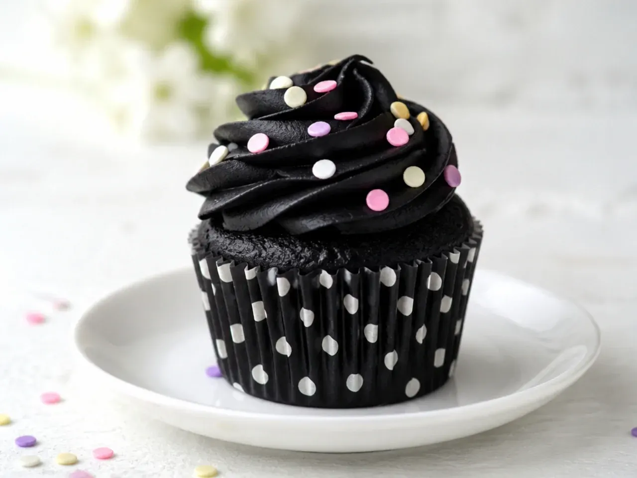 Charming polka-dot black cupcakes with white and pastel dots