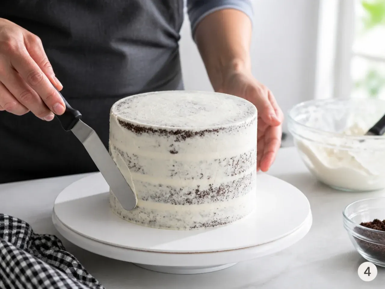 black drip cake — step 4: stack, crumb coat, and chill