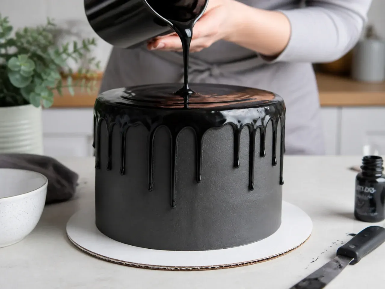 black drip cake — step 5: make the black ganache drip