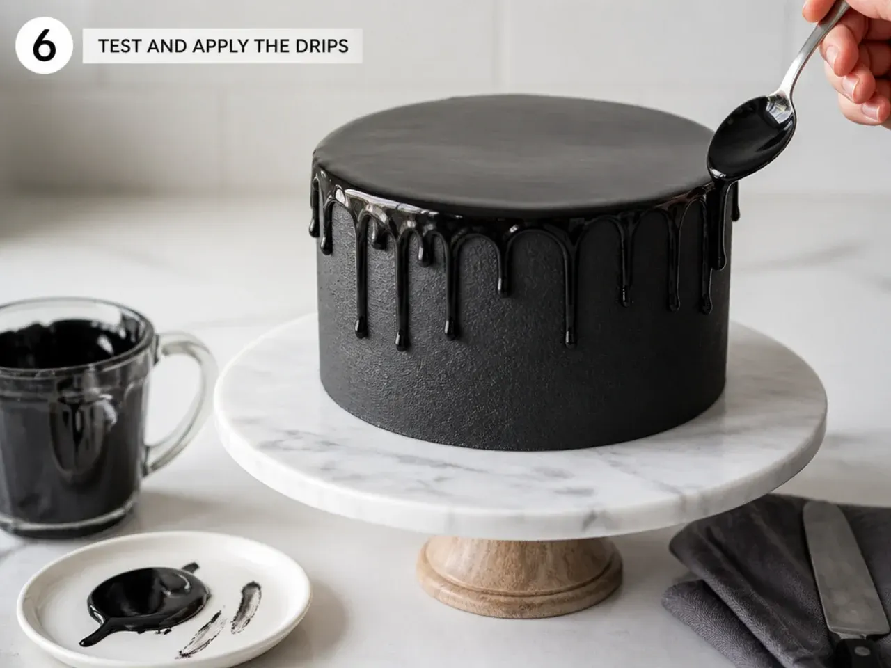black drip cake — step 6: test and apply the drips