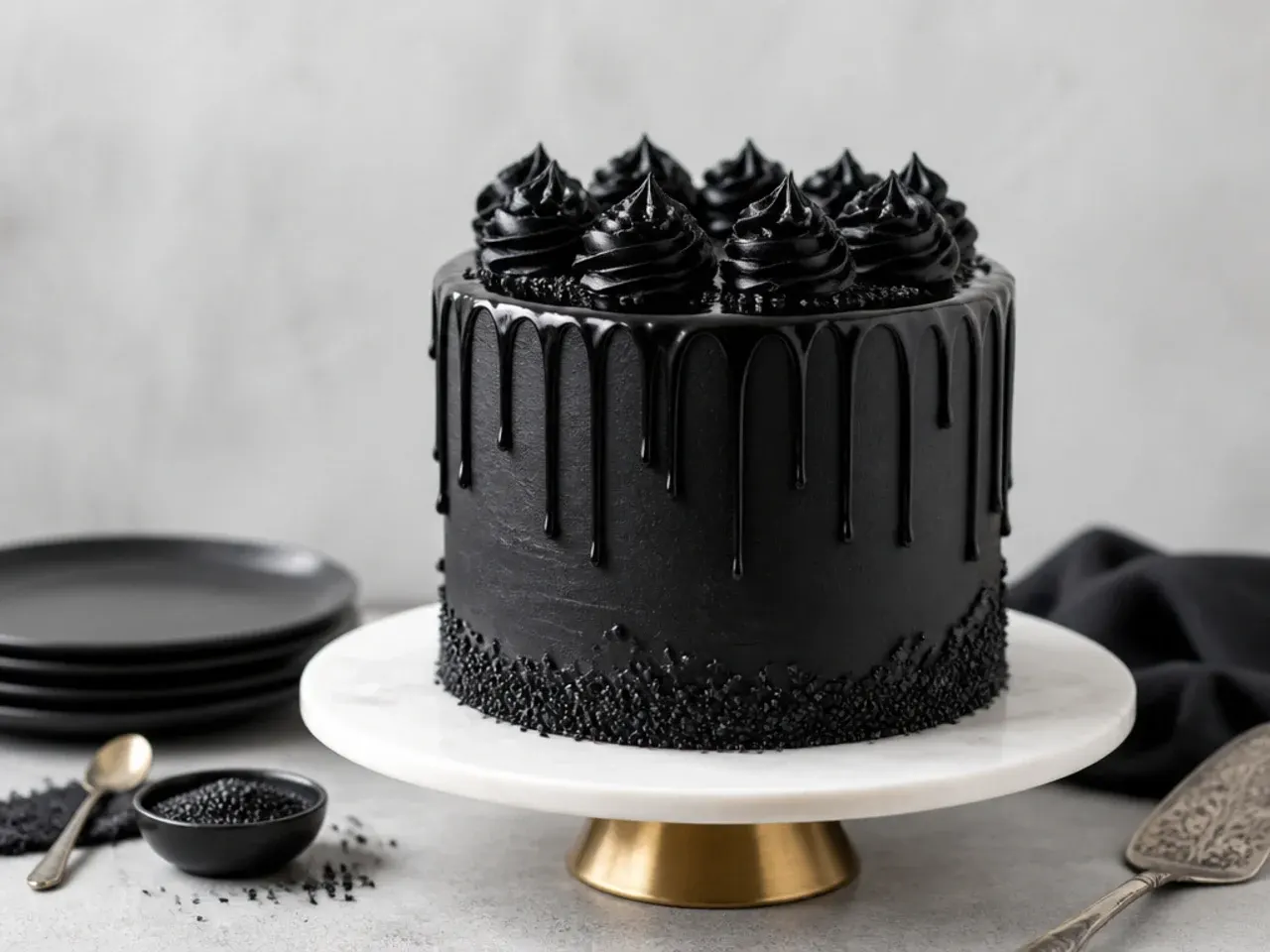 classic black drip cake with glossy black ganache