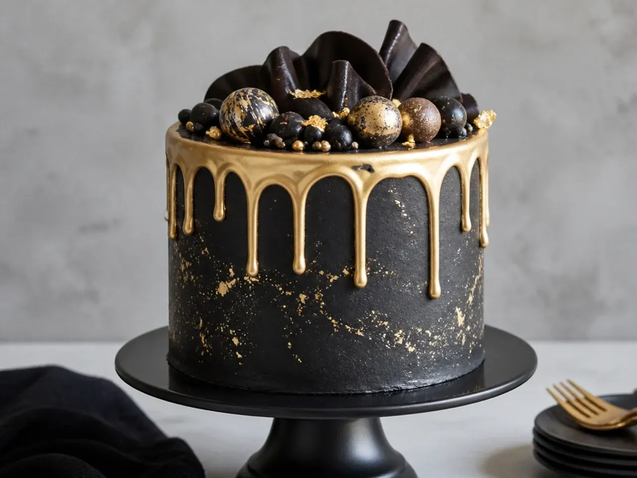 elegant black and gold drip cake