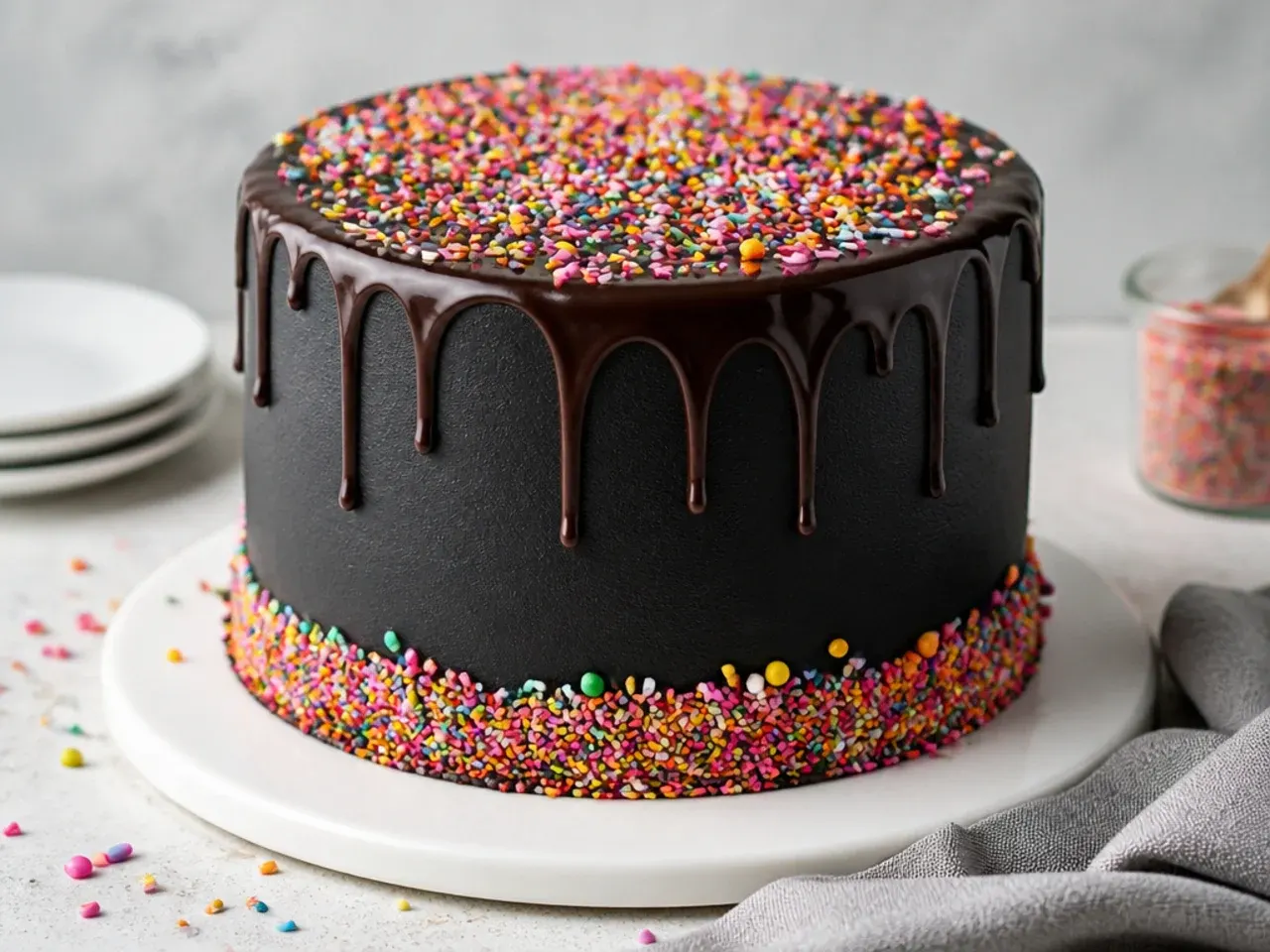 playful black drip cake with rainbow sprinkles