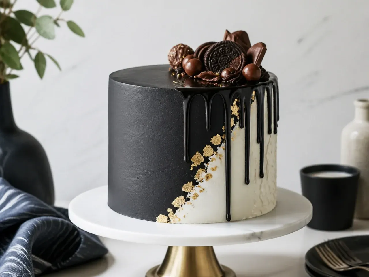 modern half drip black cake design