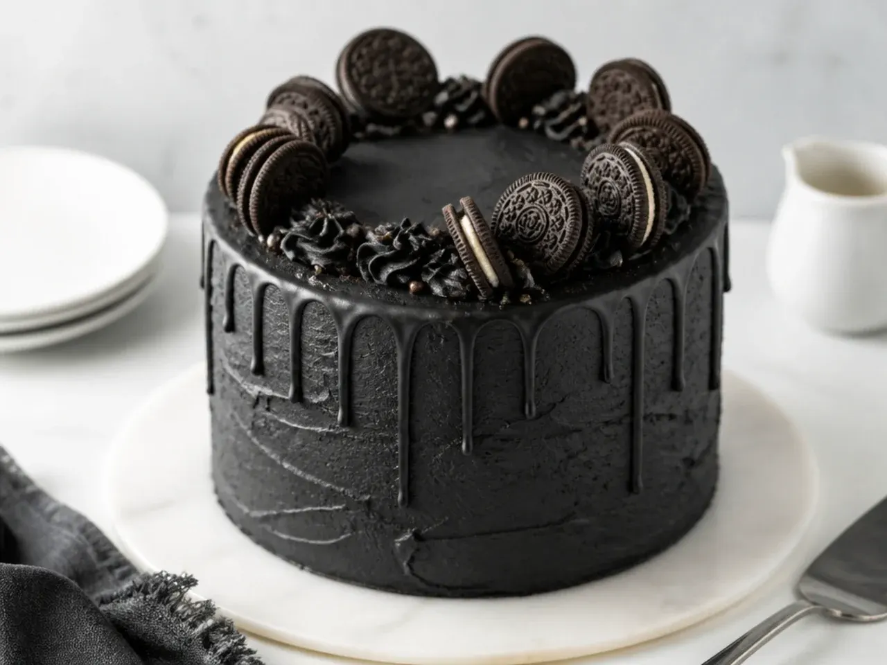 rustic textured black buttercream drip cake