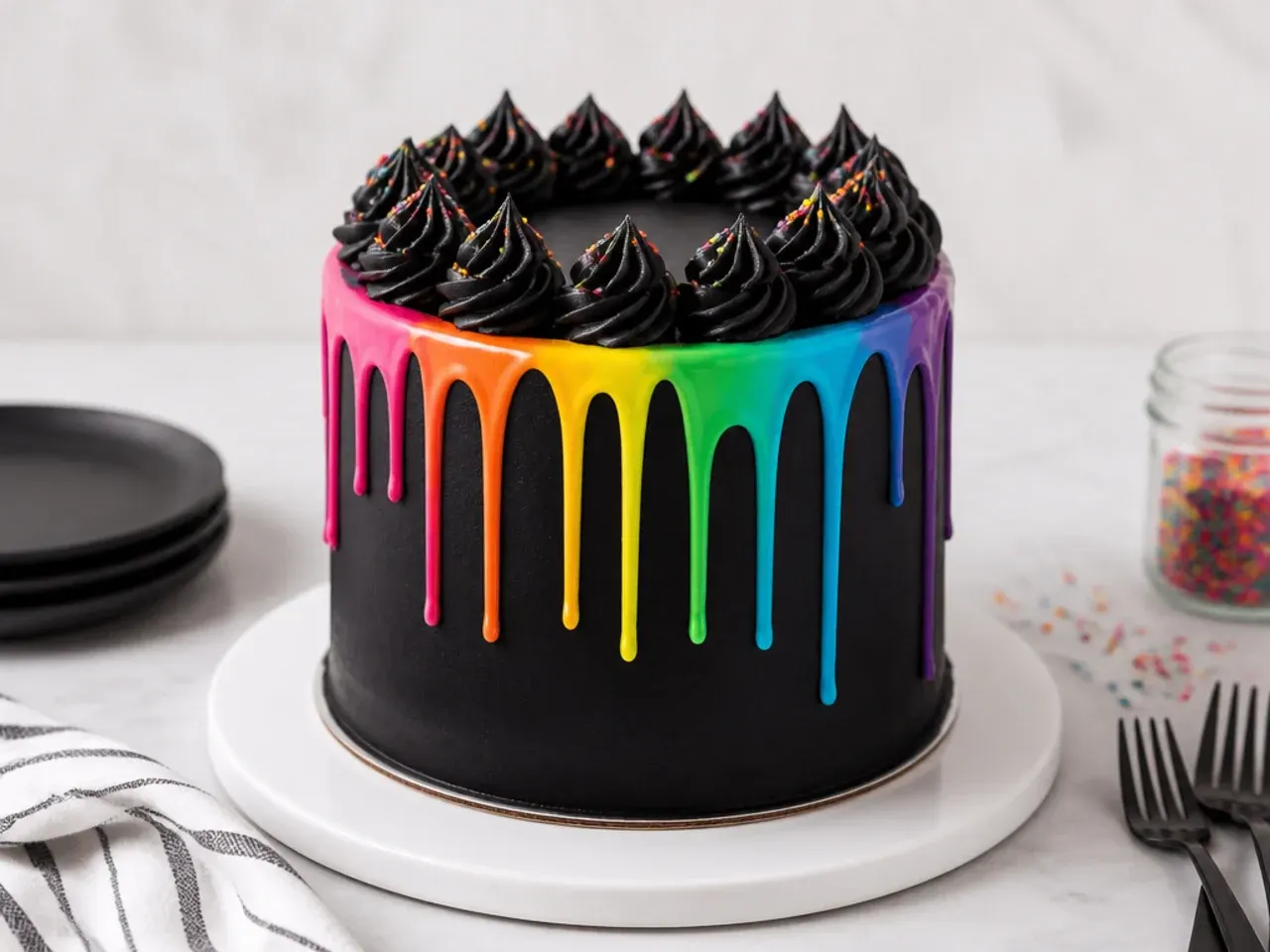 colorful ombre drip on a black cake