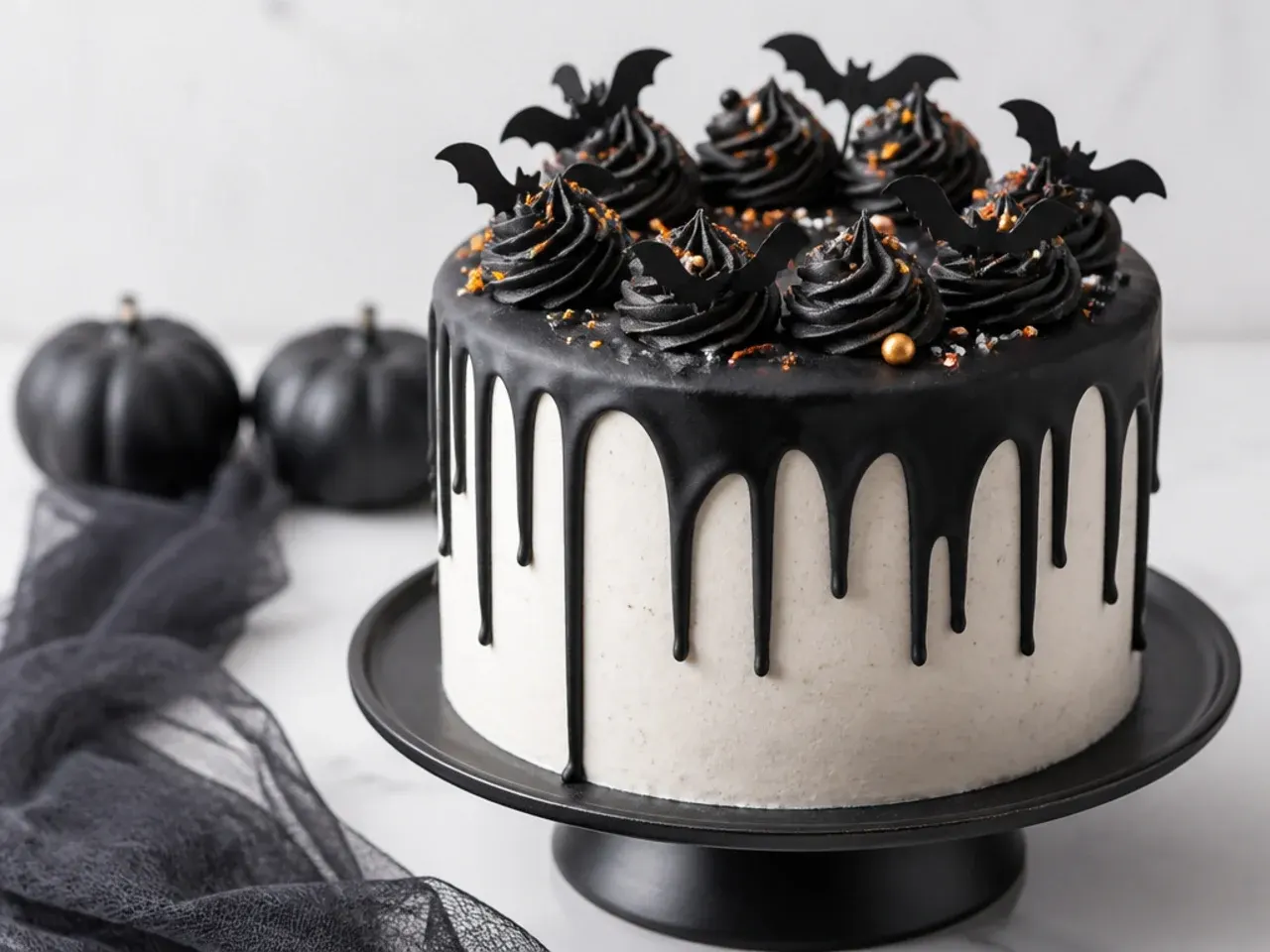 festive Halloween black drip cake with spooky drips