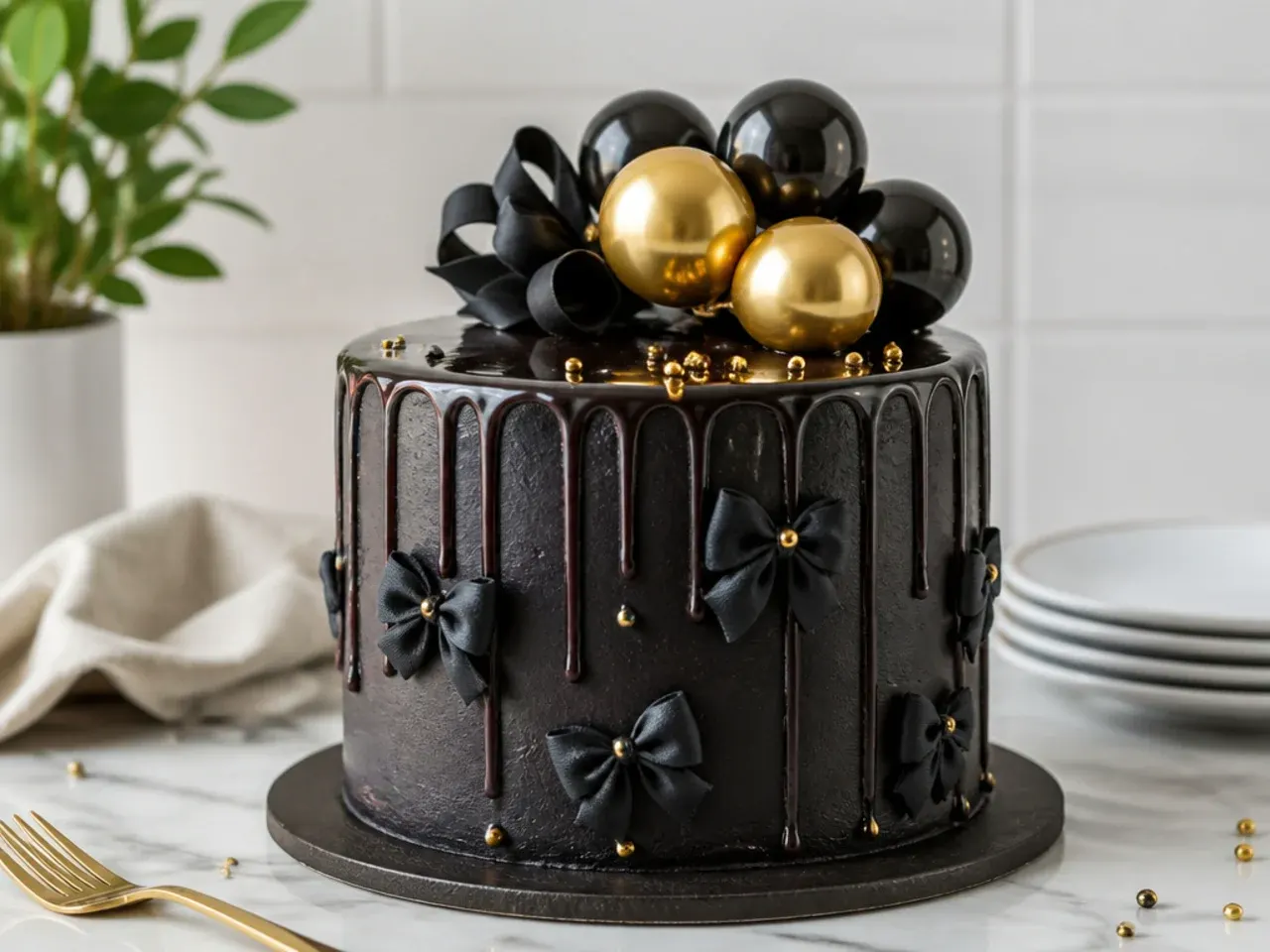 whimsical black drip cake with bows and balloons