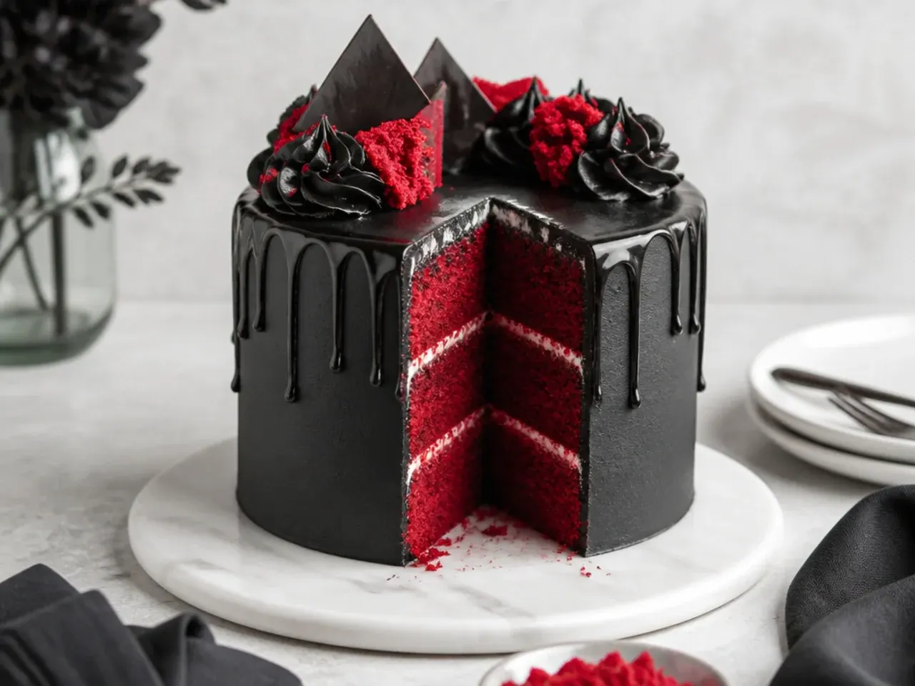 bold black drip cake with red velvet layers