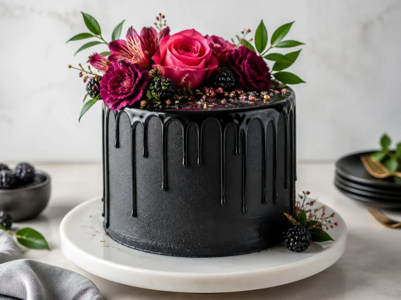 delicate black drip cake with fresh flowers