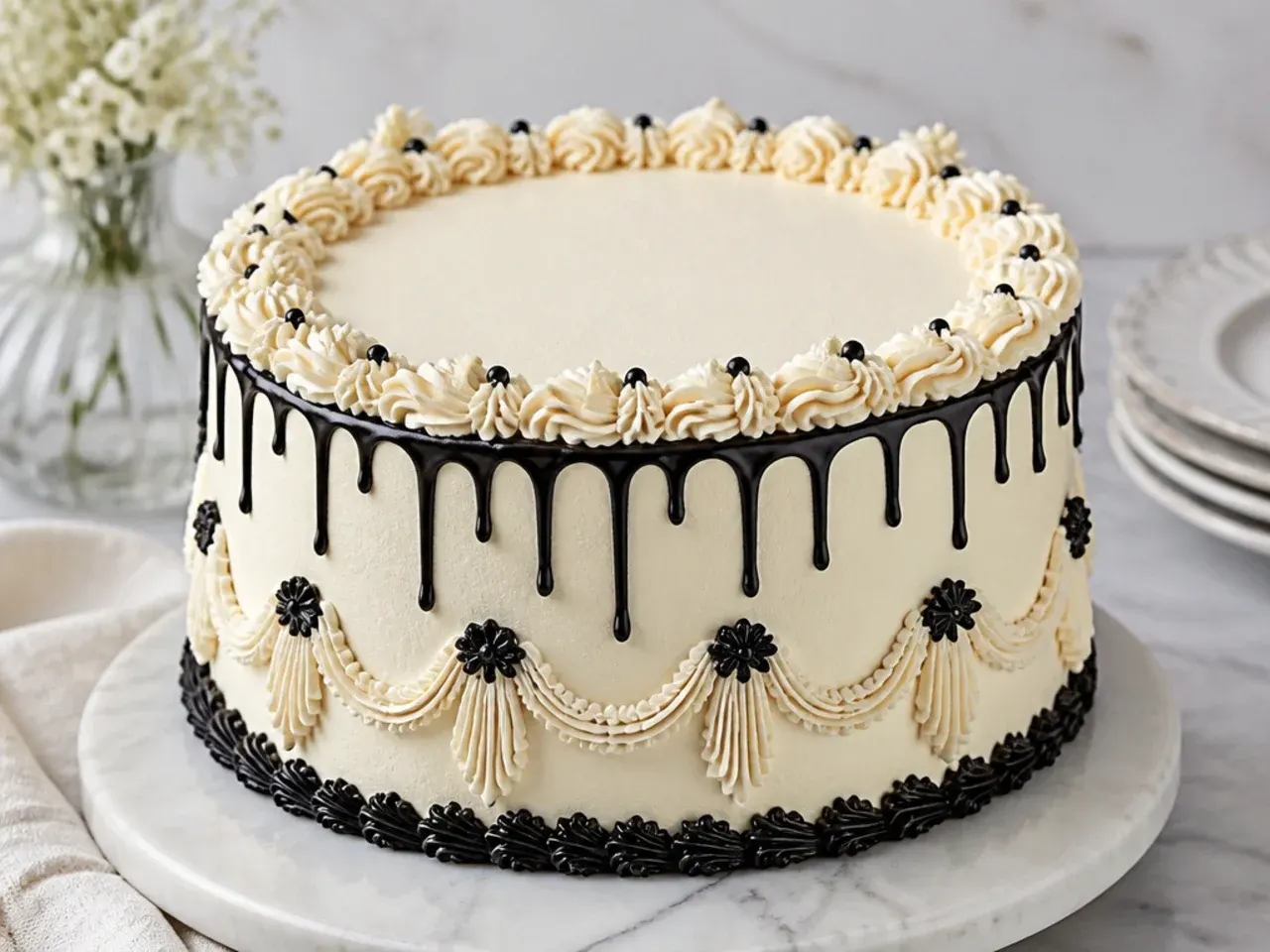 vintage Lambeth piped black drip cake
