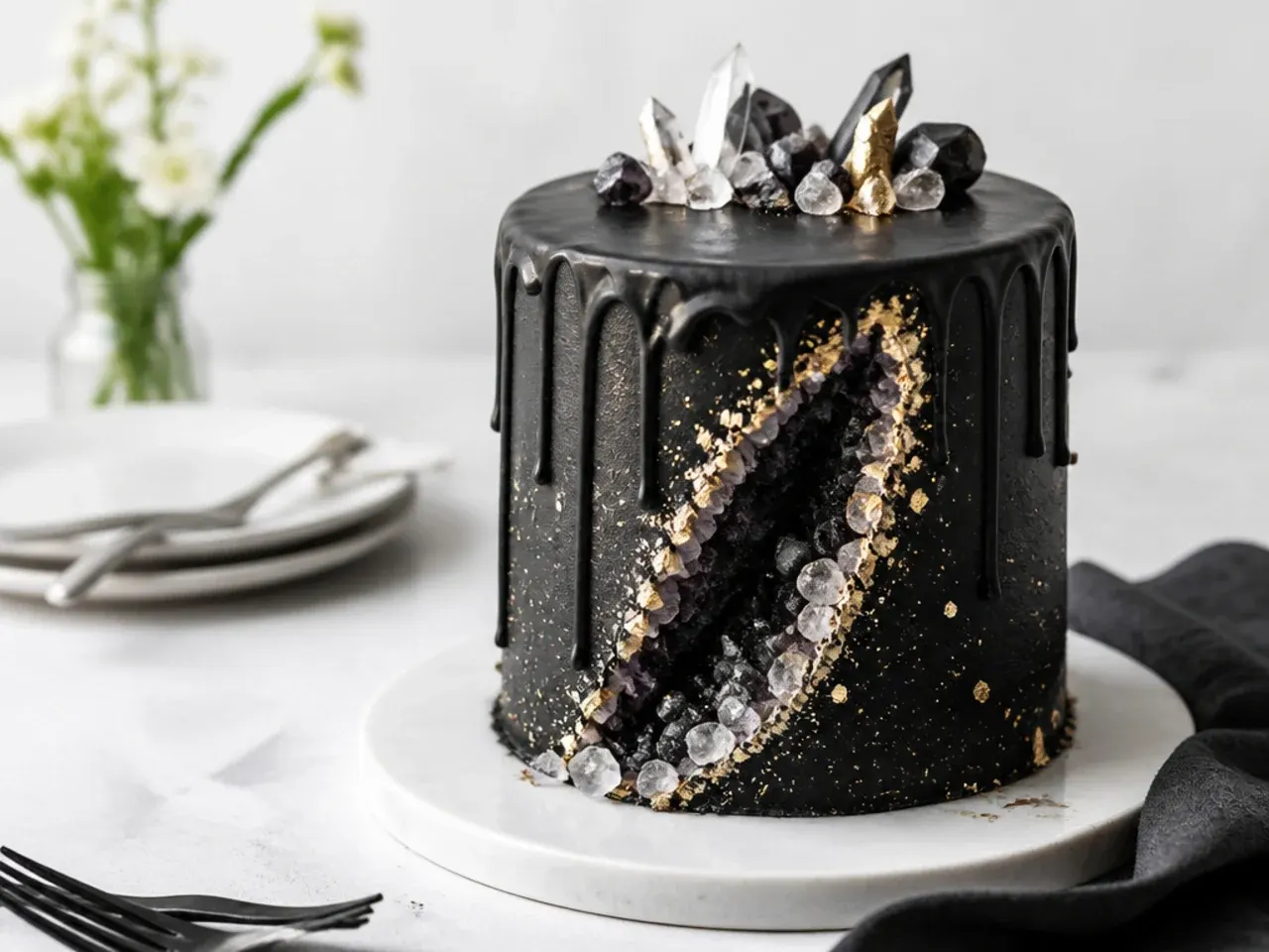 creative black geode drip cake with crystals