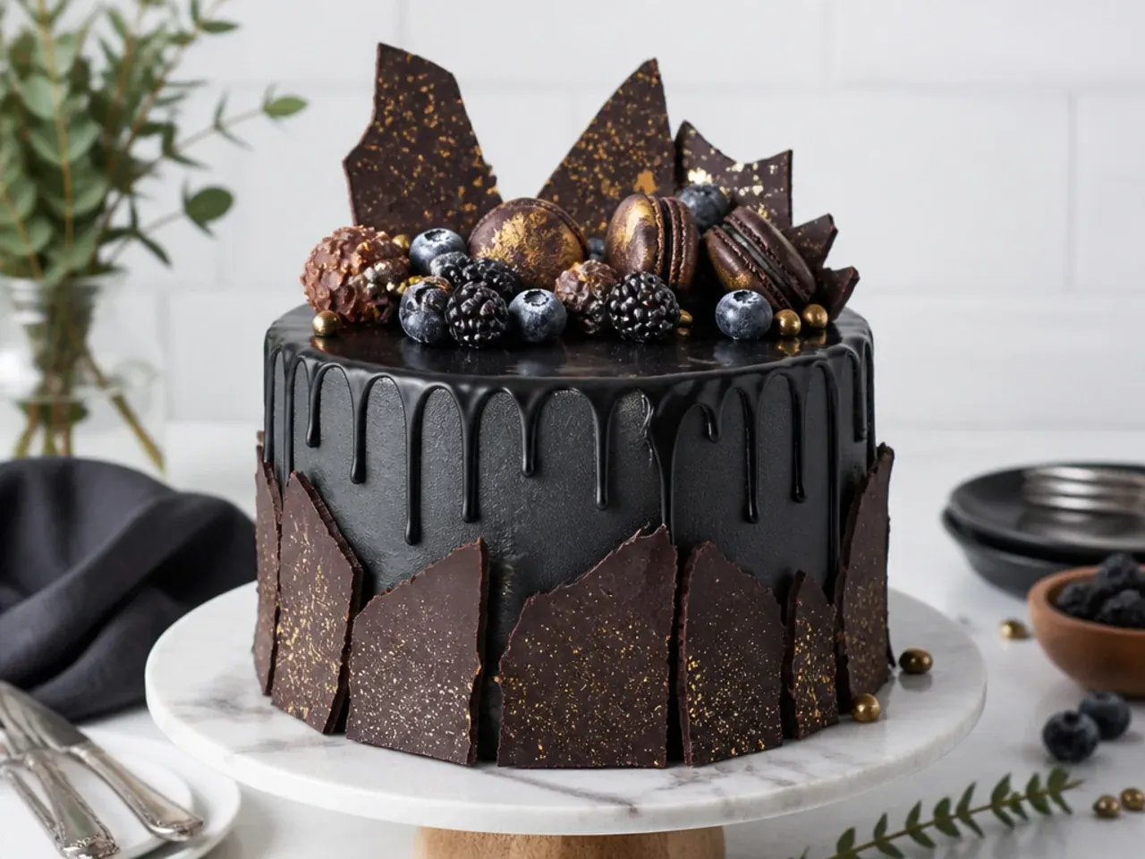 charming black drip cake with chocolate bark collar
