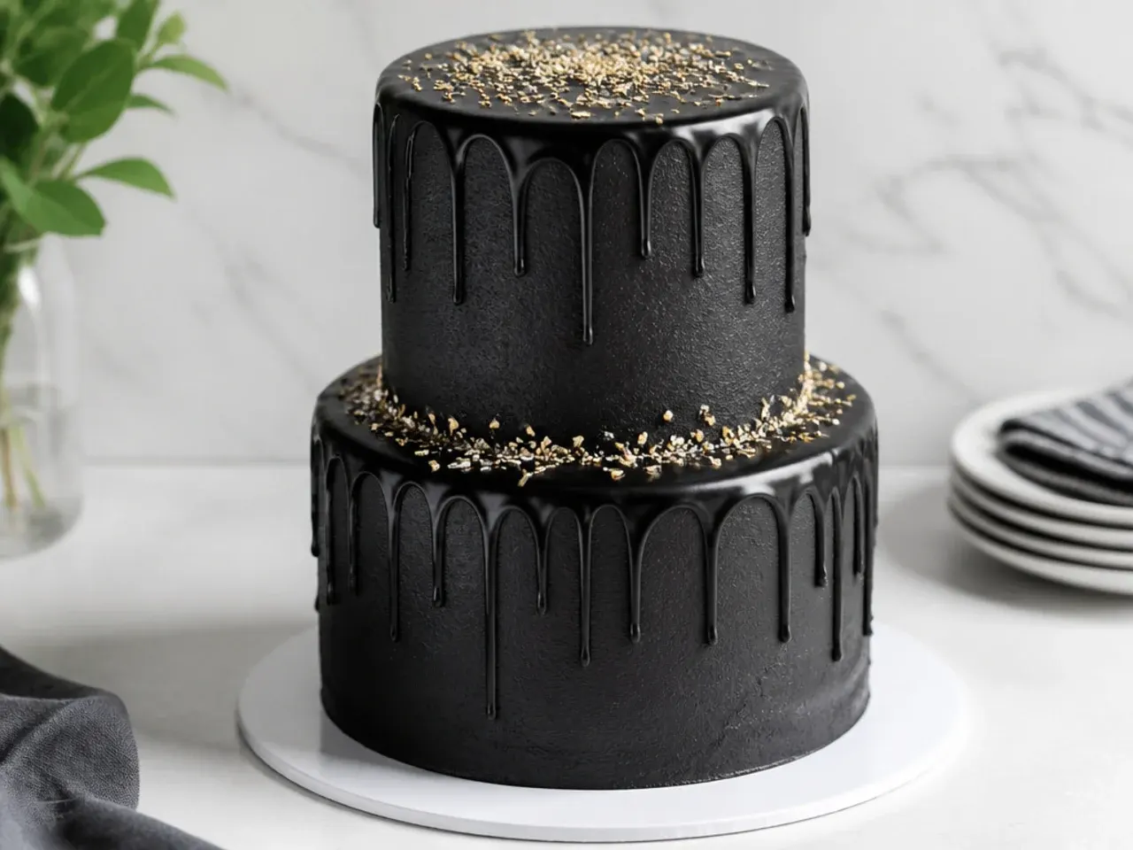 classic two tier black drip celebration cake