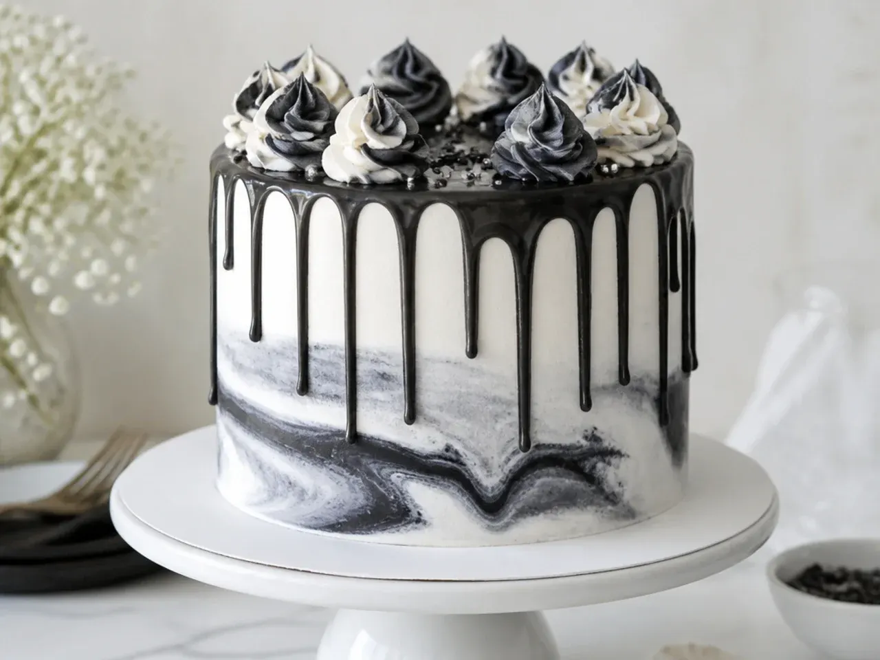 elegant white and black marble drip cake