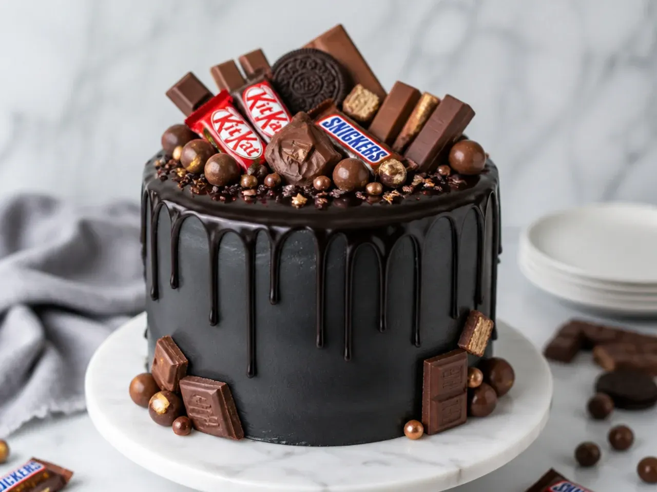 playful black drip cake loaded with candy bars