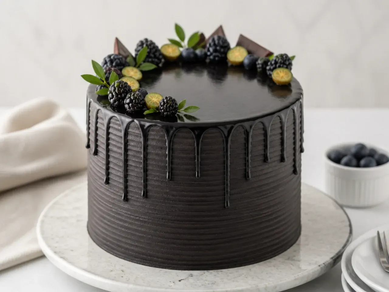 modern combed texture black drip cake