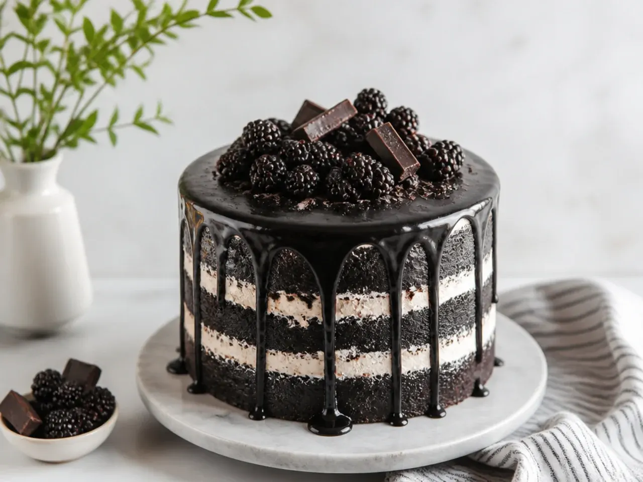 rustic semi naked black cake with ganache drip