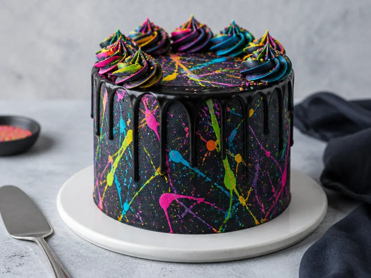 colorful neon splatter black drip cake