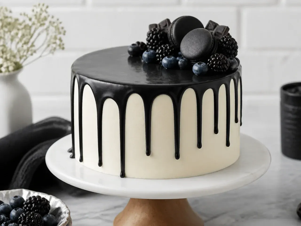 minimal single layer black drip cake