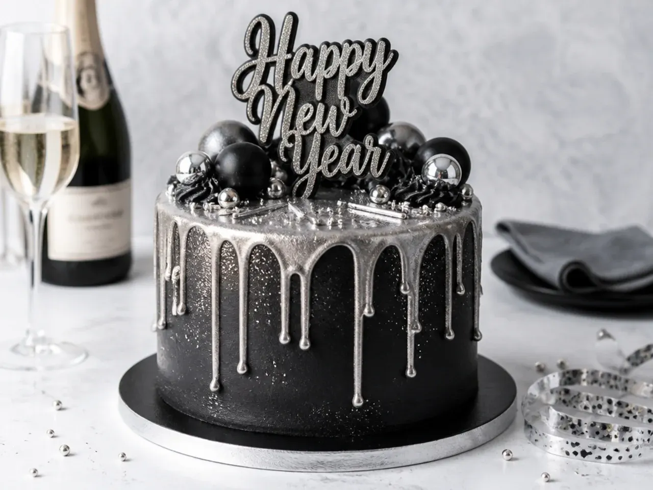 festive black and silver New Year drip cake