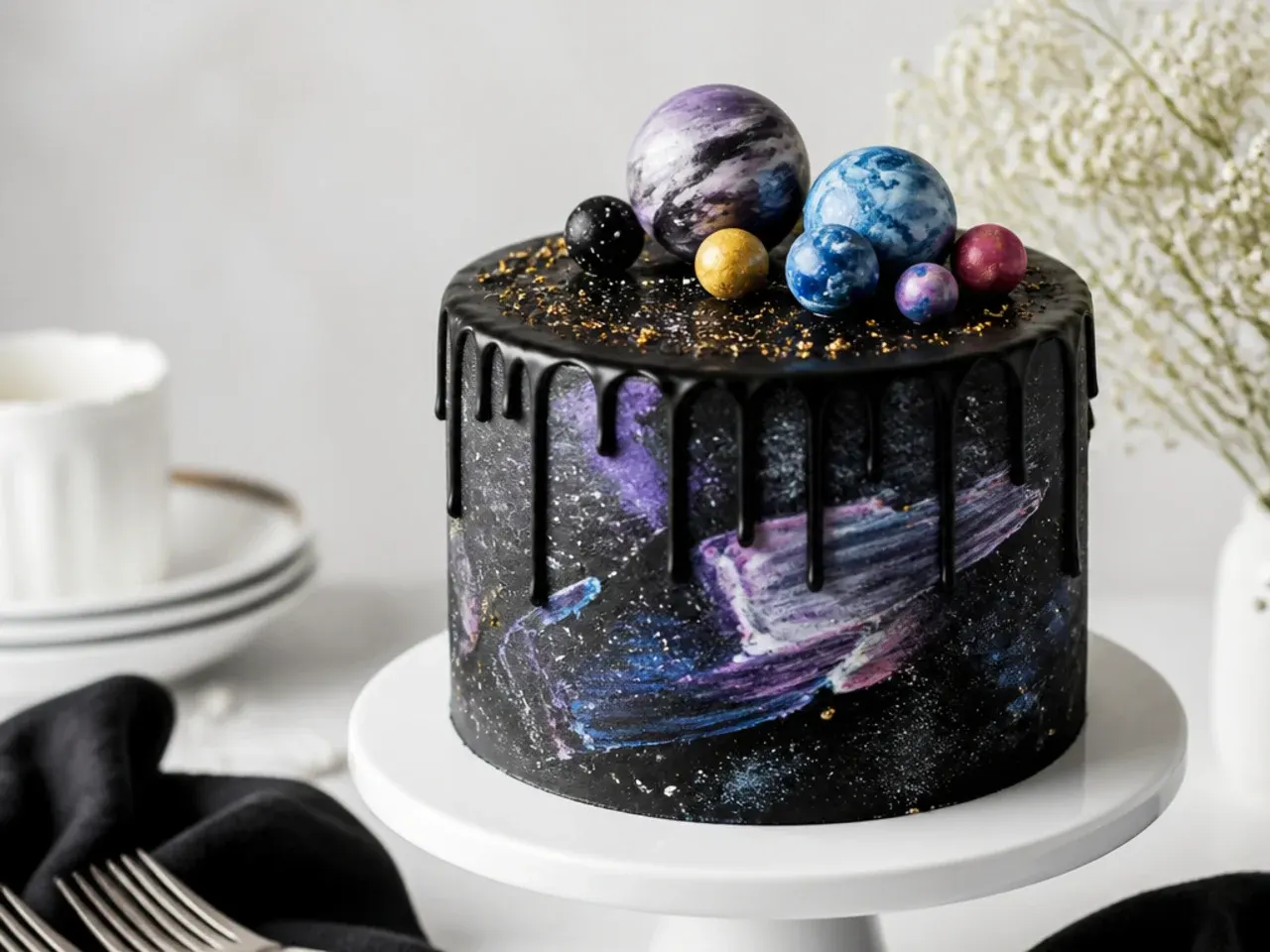 whimsical galaxy black drip cake