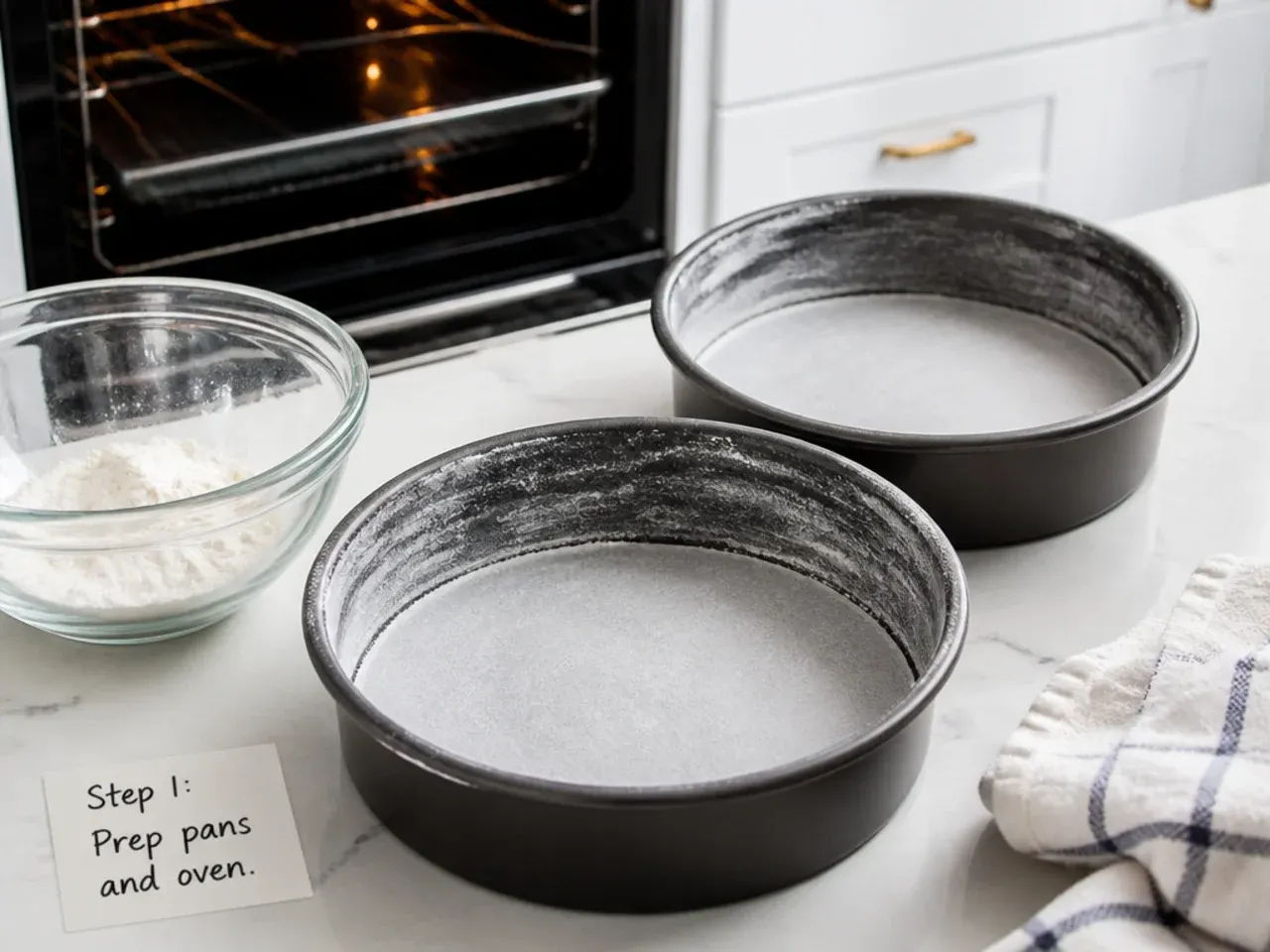 black velvet cake — step 1: prep pans and oven