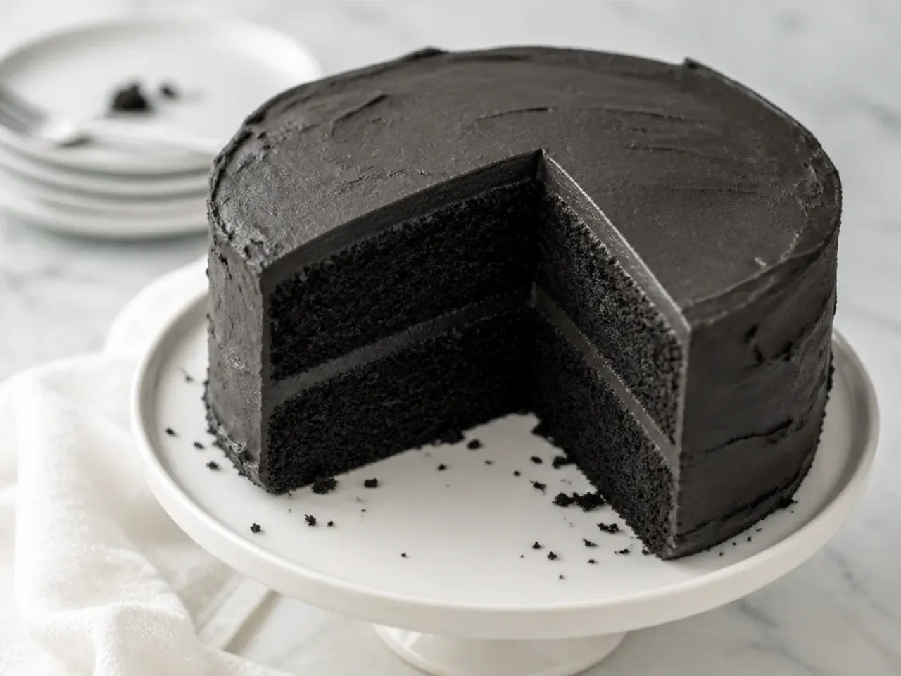 Classic two-layer black velvet cake with jet-black cocoa buttercream on a white stand