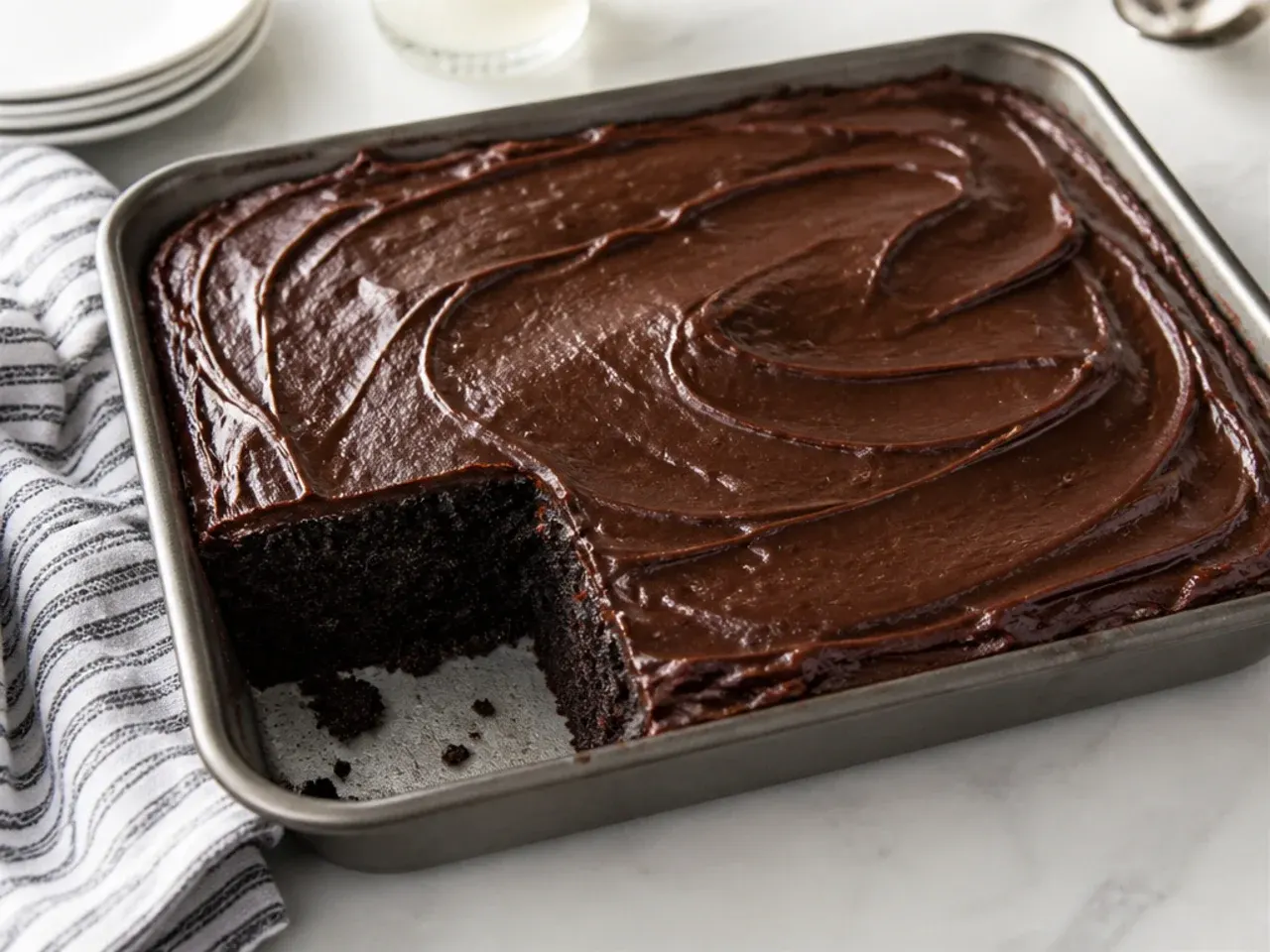 Easy black velvet sheet cake in a rectangular pan topped with dark cocoa frosting