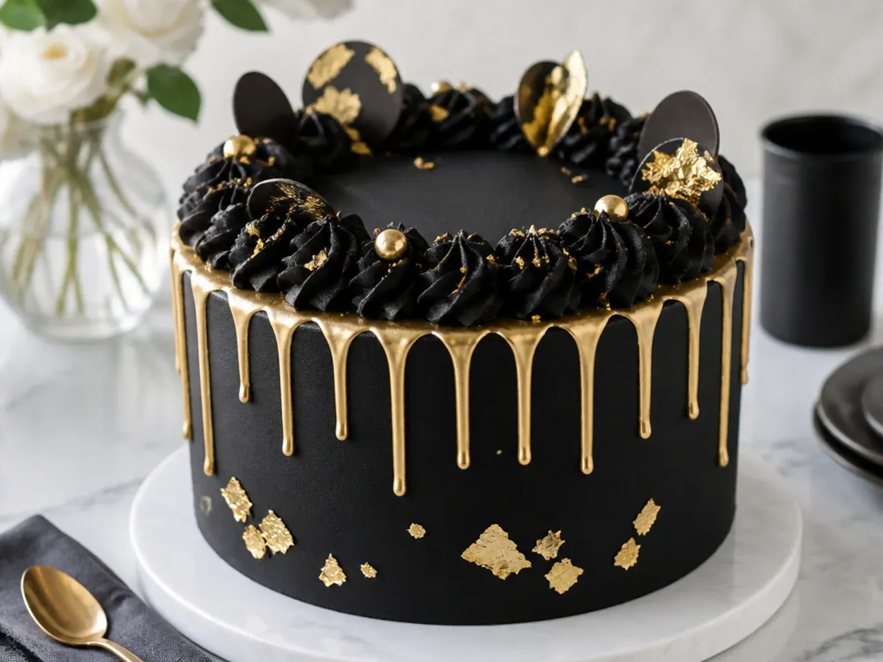 Elegant black velvet cake decorated with edible gold leaf and a gold drip