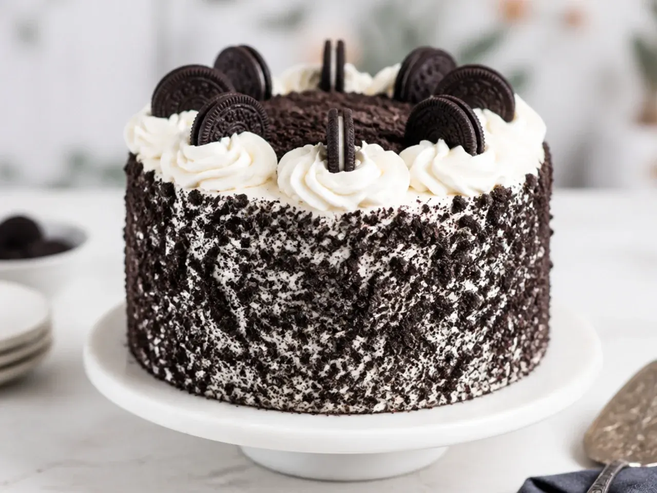 Playful black velvet cookies and cream cake with crushed Oreos pressed on the sides