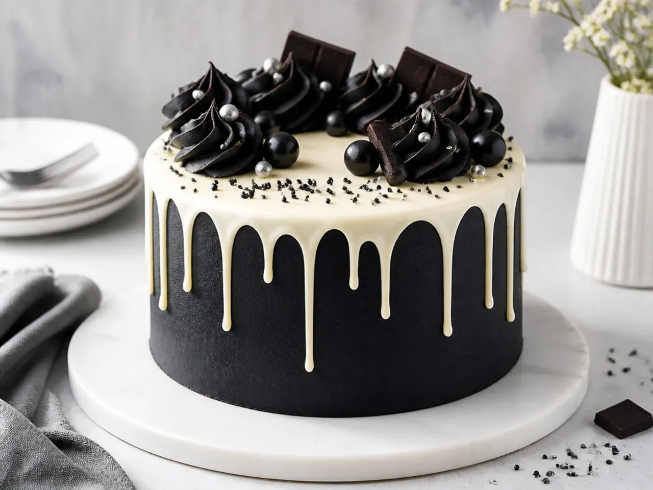 Modern black velvet cake with sharp buttercream edges and a white chocolate drip
