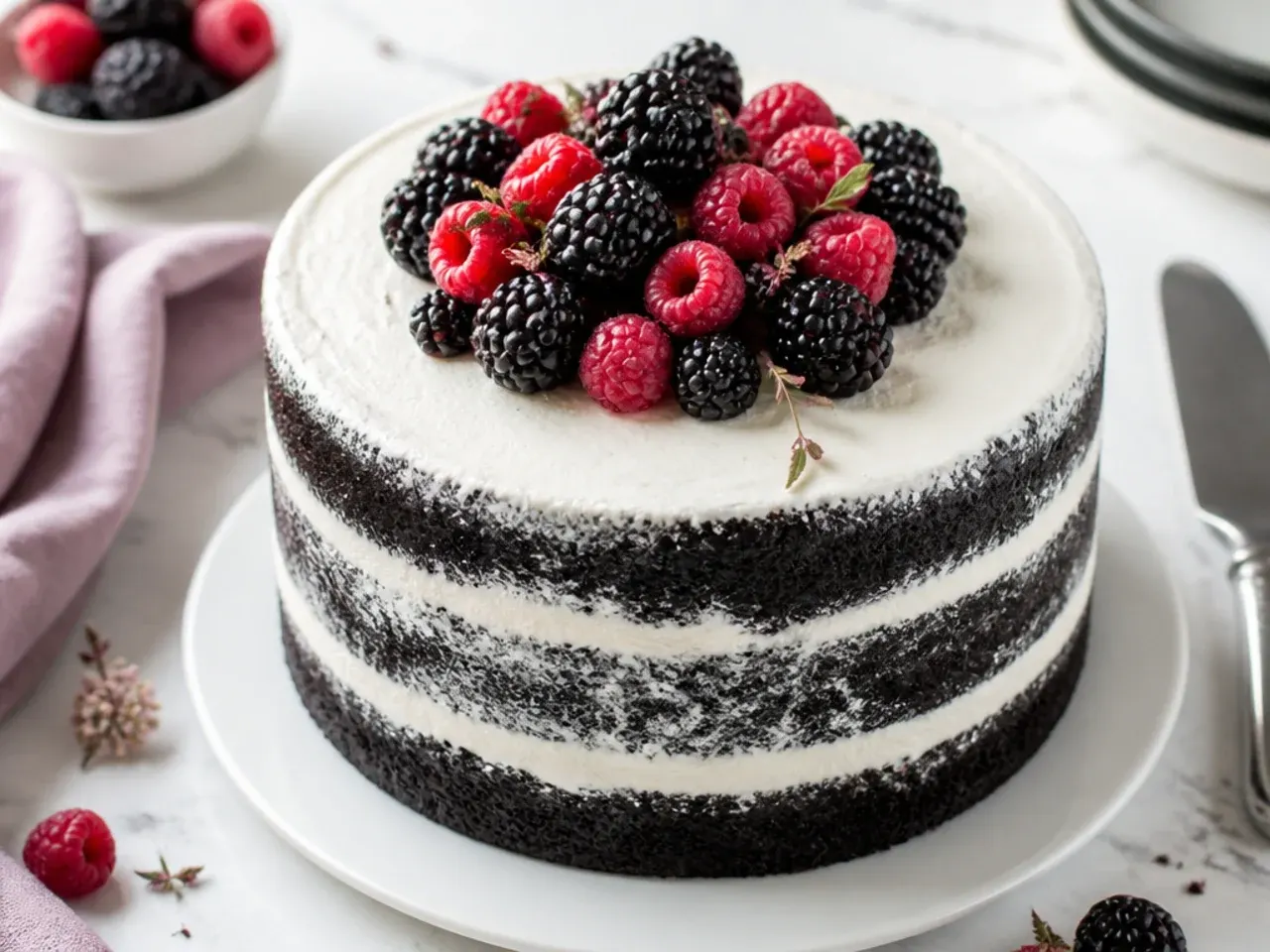Rustic semi-naked black velvet cake topped with fresh blackberries and raspberries